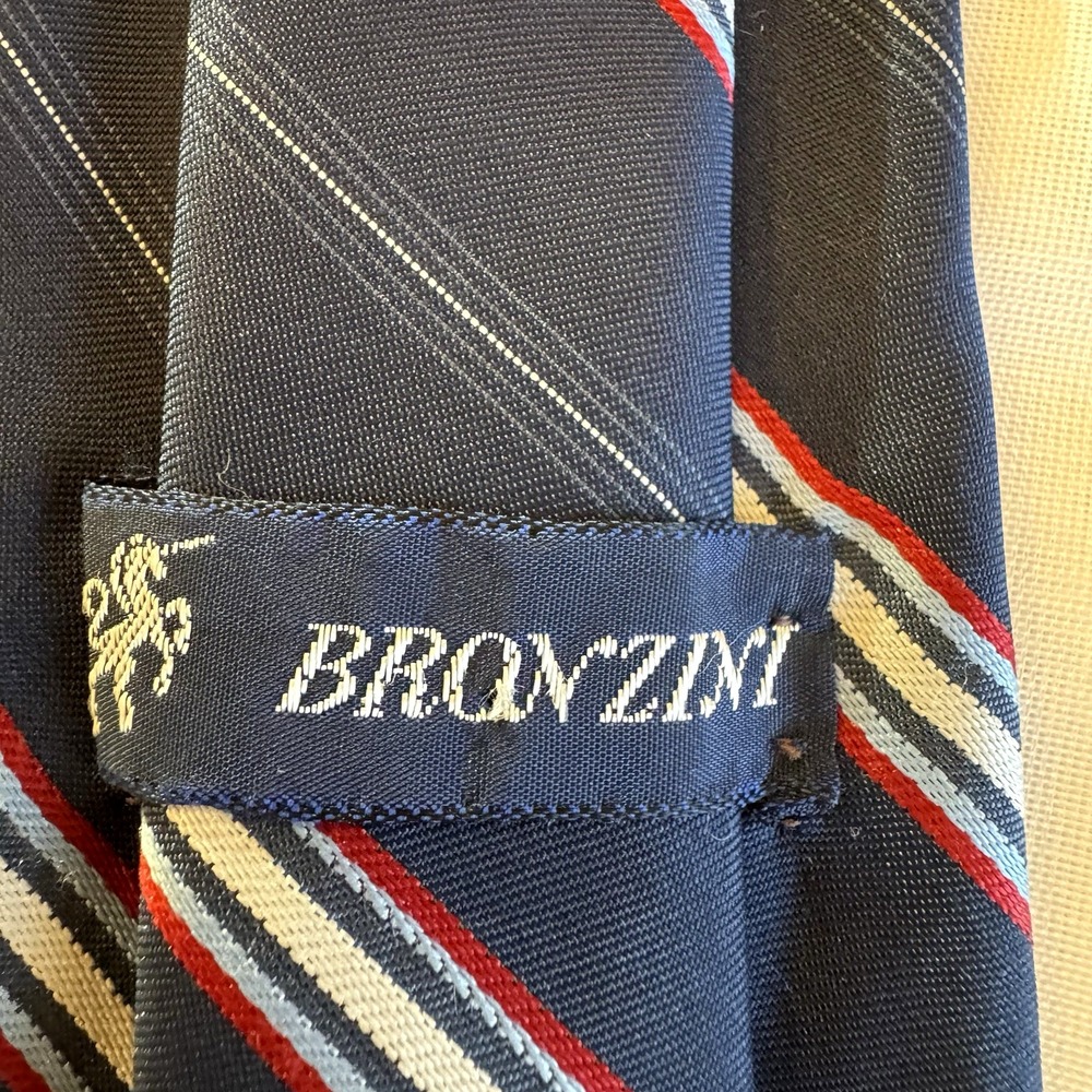 Vintage Mens Bronzini Navy Blue Striped Neck Tie Embroidered Unicorn Logo 57 in - Picture 3 of 5